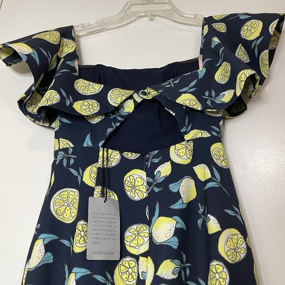 NEW! Fame and Partners Sasha Off the Shoulder Dress in Lemon Print size US 0 - Picture 7 of 10